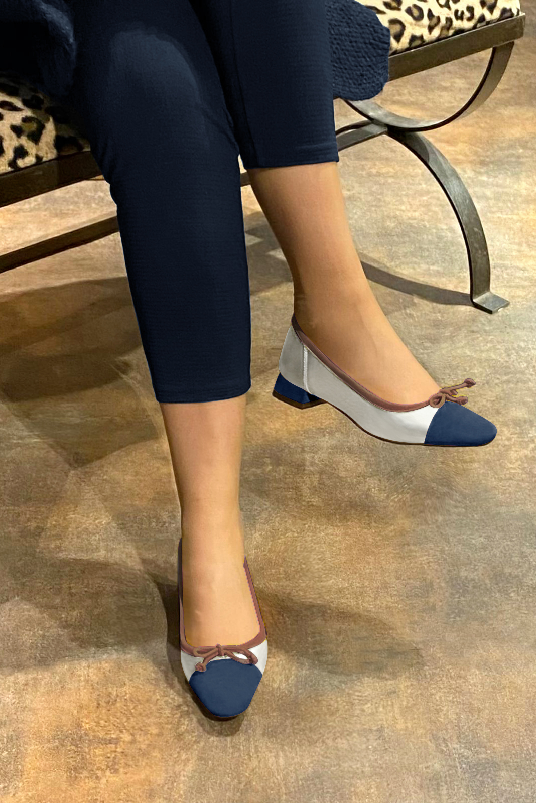 Navy blue, light silver and chocolate brown women's ballet pumps, with low heels. Square toe. Flat flare heels. Worn view - Florence KOOIJMAN